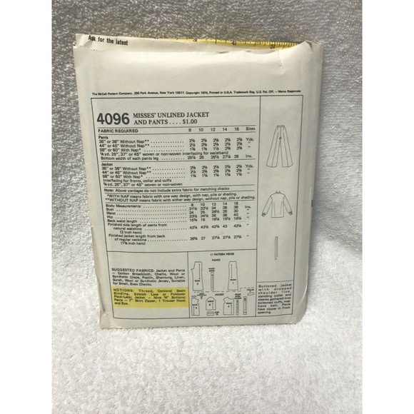 Mccalls 4096 Misses Unlined Jacket Pants Sewing Pattern Size 24 Vintage 1974 - Picture 5 of 6